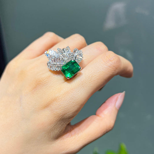 Natural Vivid Green Colombian Emerald Halo Ring, 18K White Gold, Radiant Shape, 10.30 Ct. TW