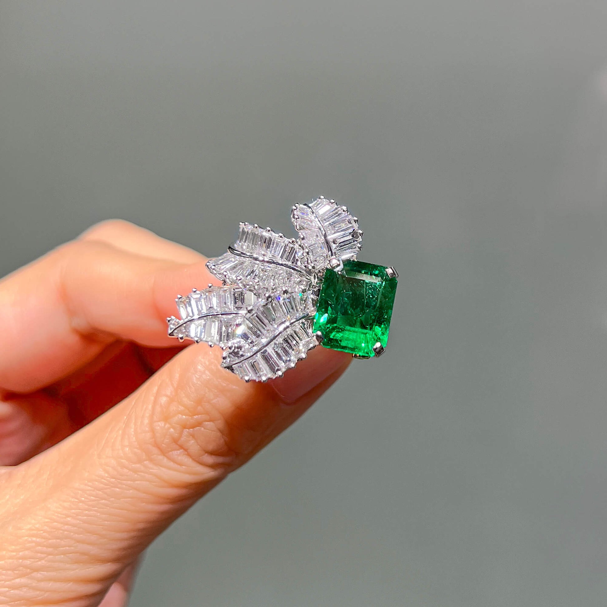 Natural Vivid Green Colombian Emerald Halo Ring, 18K White Gold, Radiant Shape, 10.30 Ct. TW