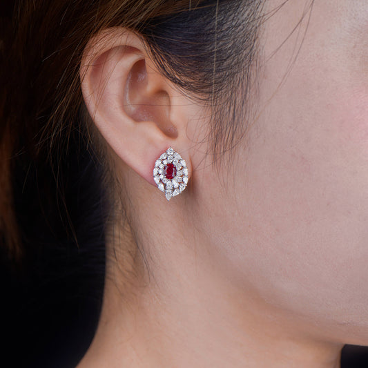 Natural Vivid Red Burmese Ruby Stud Earrings with Diamonds, 18K White Gold, Oval Shape, 3.87 Ct. TW, Unheated