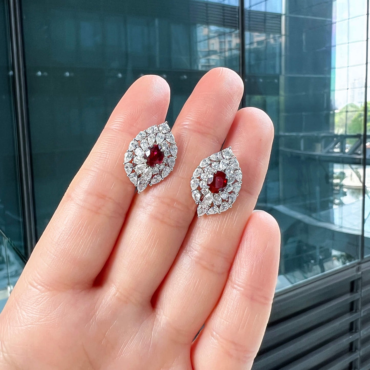 Natural Vivid Red Burmese Ruby Stud Earrings with Diamonds, 18K White Gold, Oval Shape, 3.87 Ct. TW, Unheated