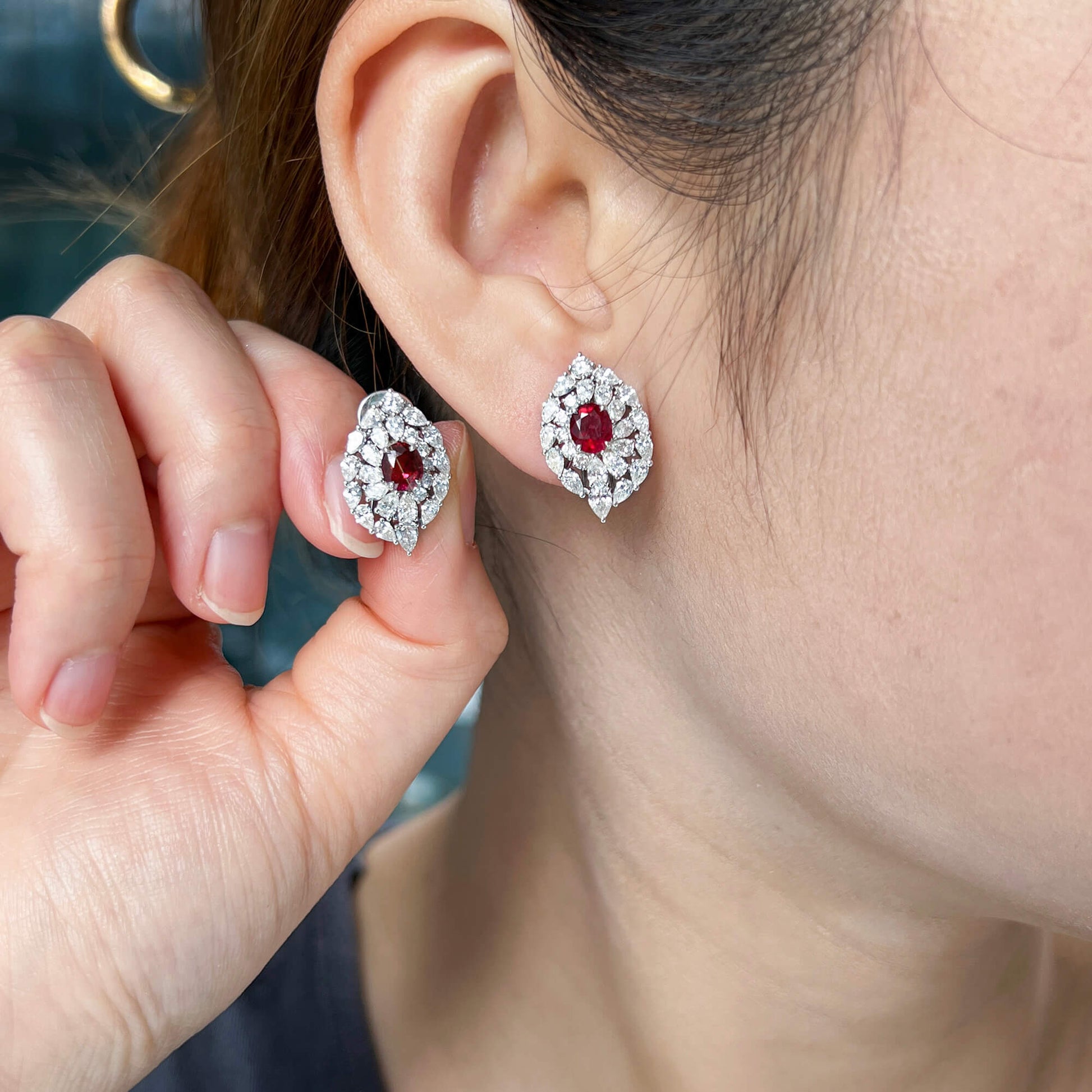 Natural Vivid Red Burmese Ruby Stud Earrings with Diamonds, 18K White Gold, Oval Shape, 3.87 Ct. TW, Unheated