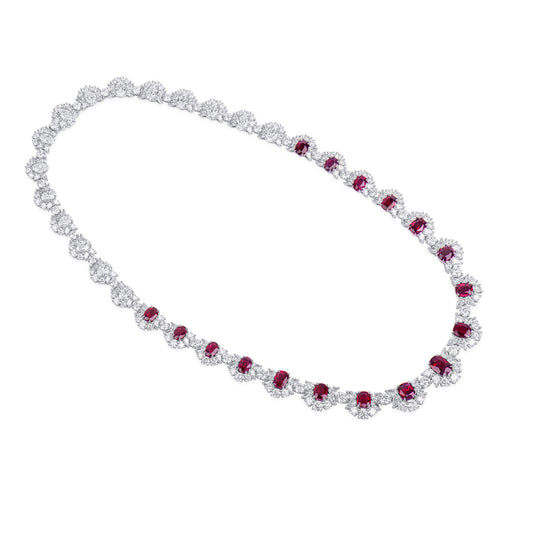 Natural Vivid Red Burmese Ruby & Diamond Chain Necklace, 18K White Gold, Cushion Shape, 45.31 Ct. TW, unheated