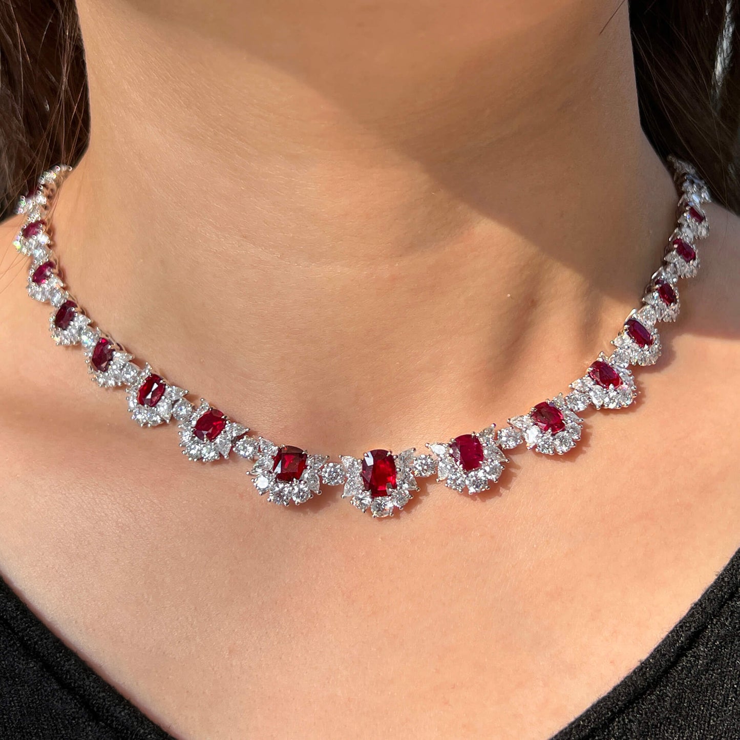 Natural Vivid Red Burmese Ruby & Diamond Chain Necklace, 18K White Gold, Cushion Shape, 45.31 Ct. TW, unheated