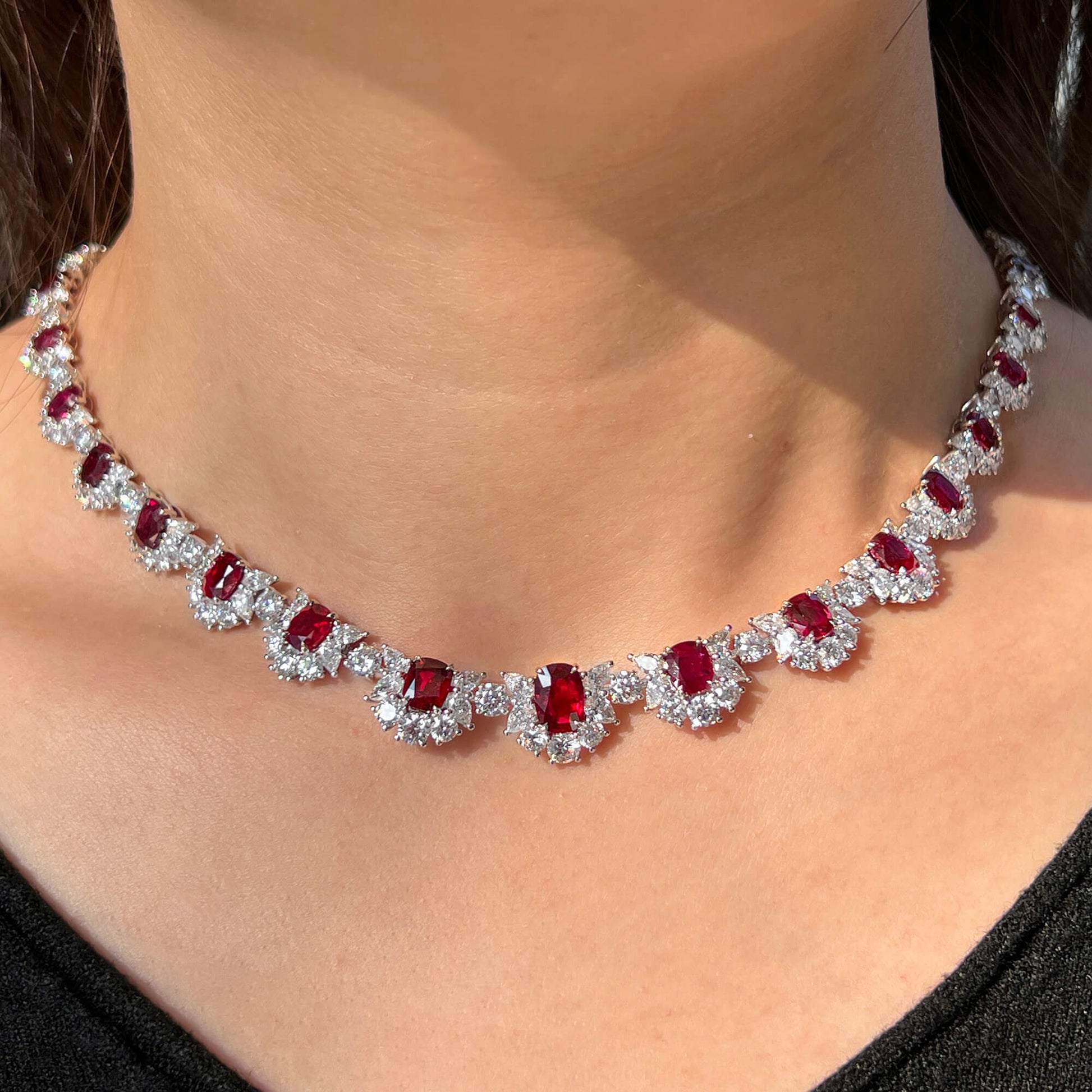 Natural Vivid Red Burmese Ruby & Diamond Chain Necklace, 18K White Gold, Cushion Shape, 45.31 Ct. TW, unheated
