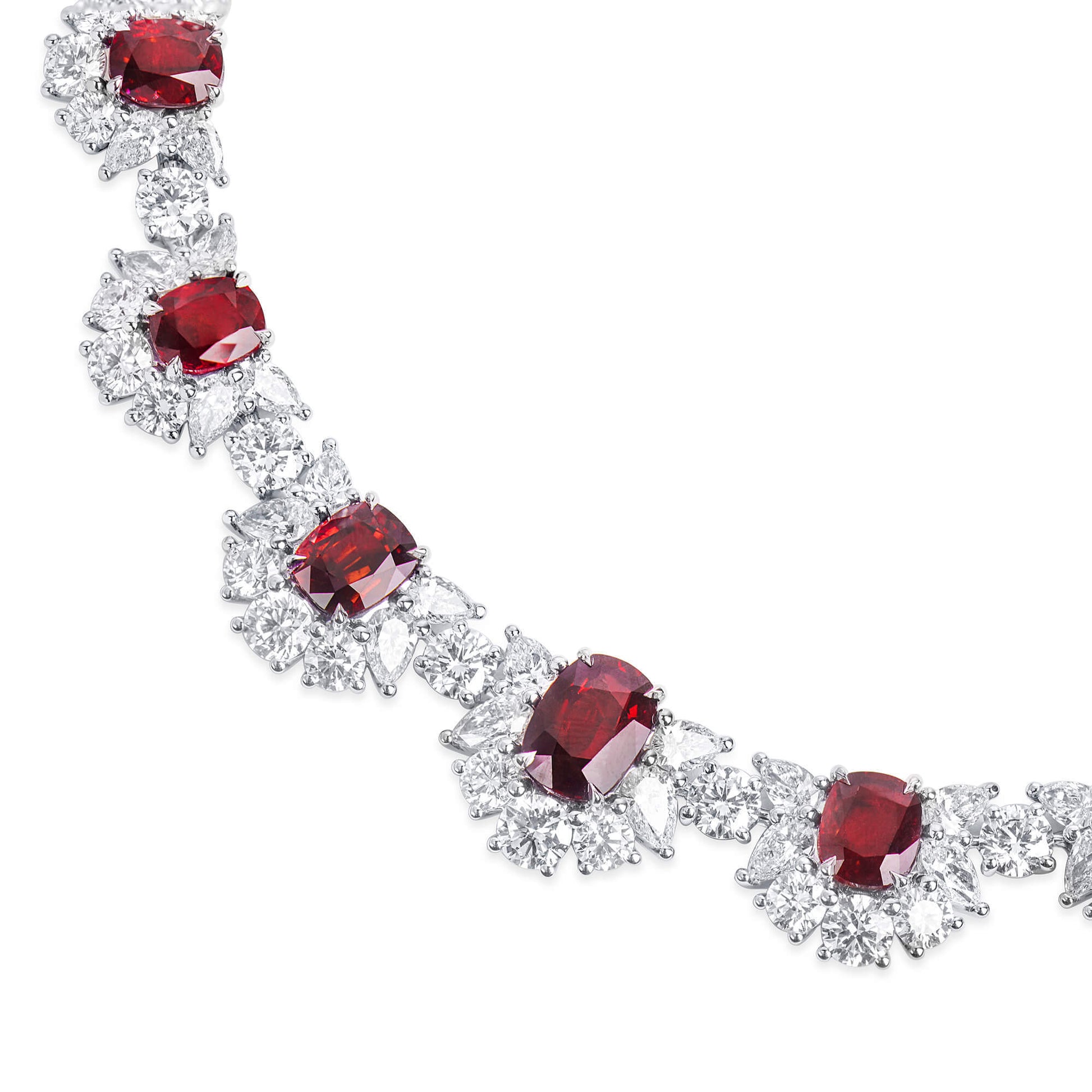 Natural Vivid Red Burmese Ruby & Diamond Chain Necklace, 18K White Gold, Cushion Shape, 45.31 Ct. TW, unheated