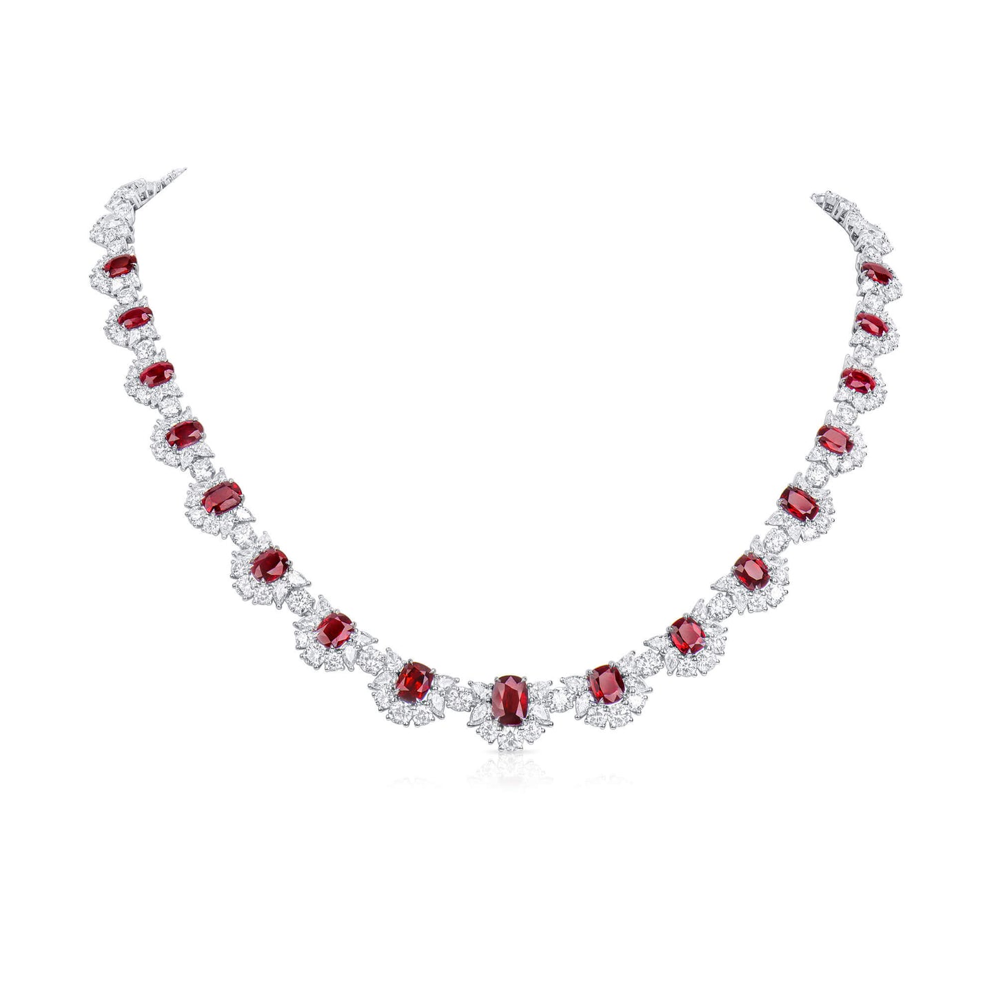 Natural Vivid Red Burmese Ruby & Diamond Chain Necklace, 18K White Gold, Cushion Shape, 45.31 Ct. TW, unheated