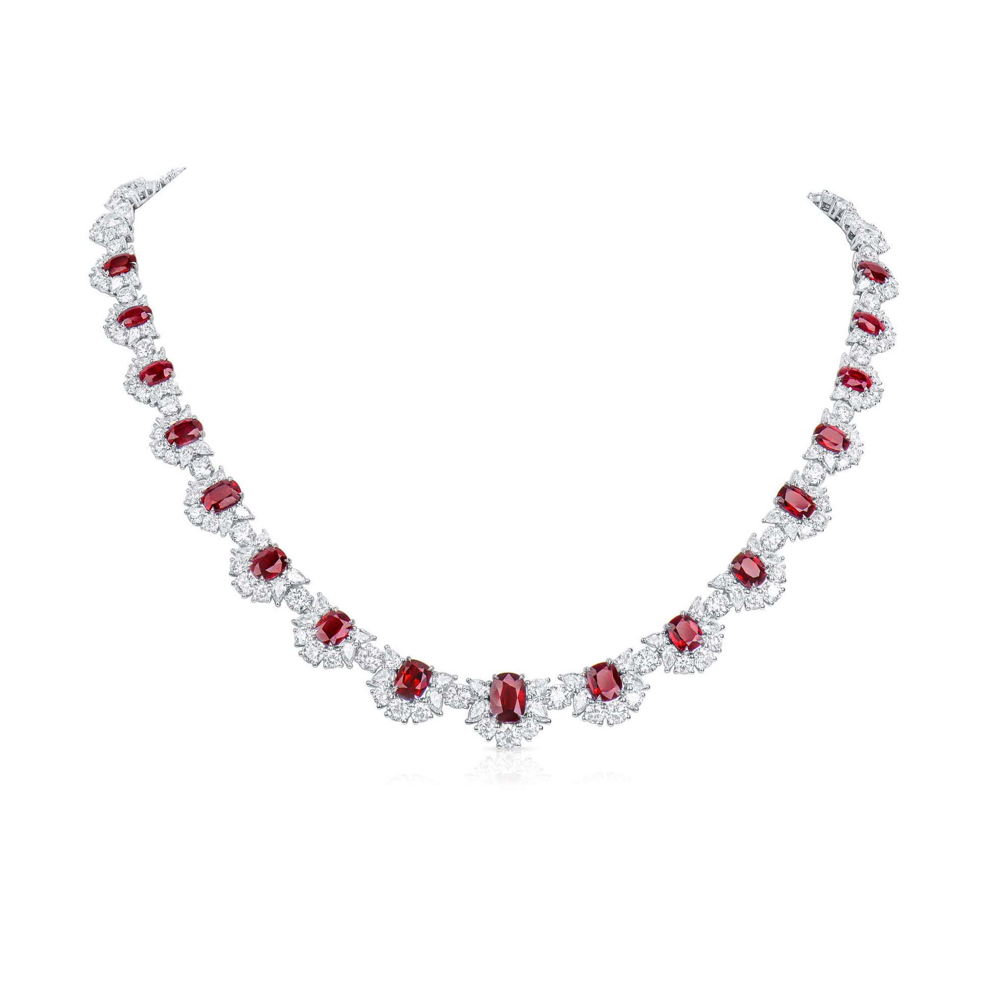 Natural Vivid Red Burmese Ruby & Diamond Chain Necklace, 18K White Gold, Cushion Shape, 45.31 Ct. TW, unheated