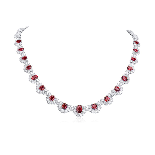 Natural Vivid Red Burmese Ruby & Diamond Chain Necklace, 18K White Gold, Cushion Shape, 45.31 Ct. TW, unheated