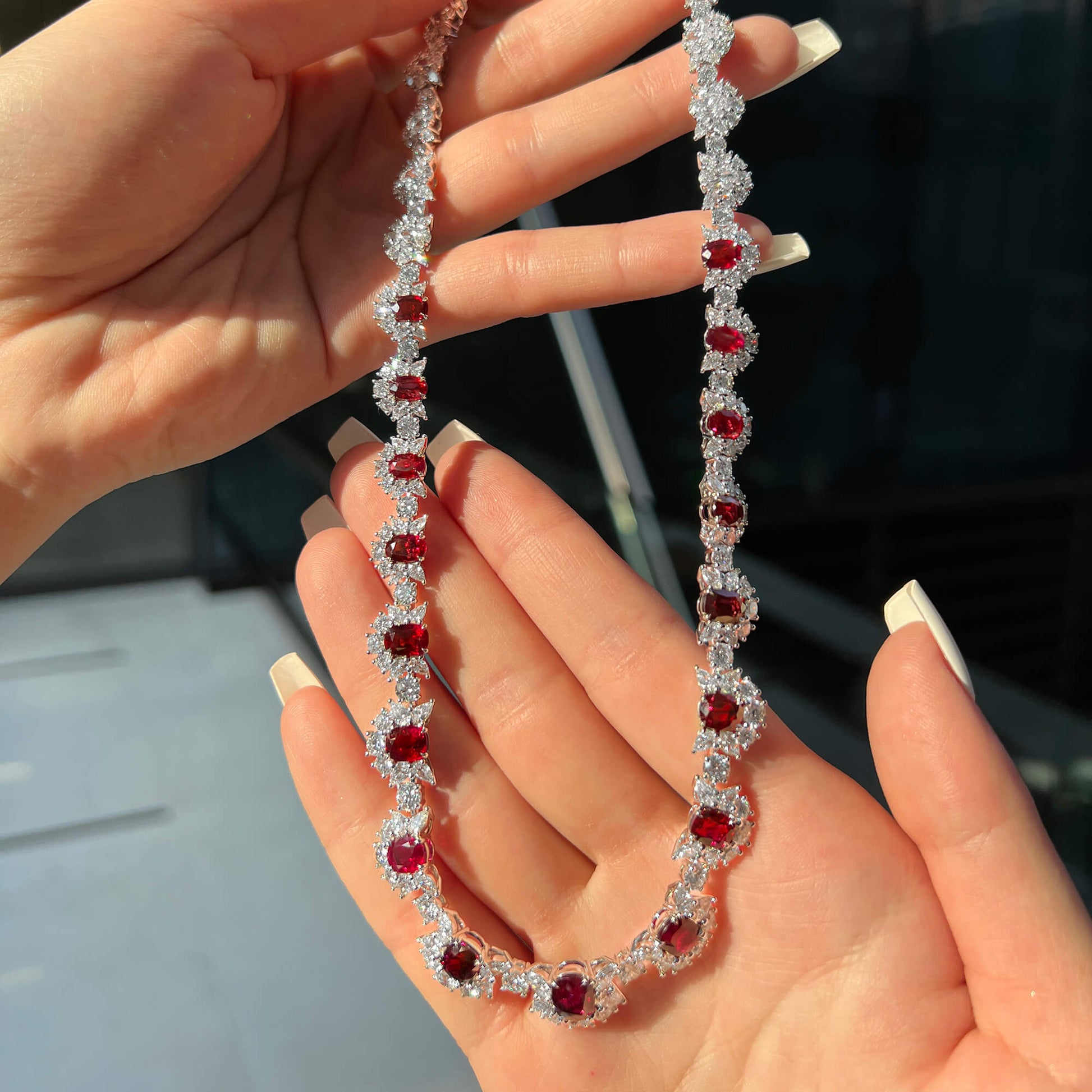 Natural Vivid Red Burmese Ruby & Diamond Chain Necklace, 18K White Gold, Cushion Shape, 45.31 Ct. TW, unheated