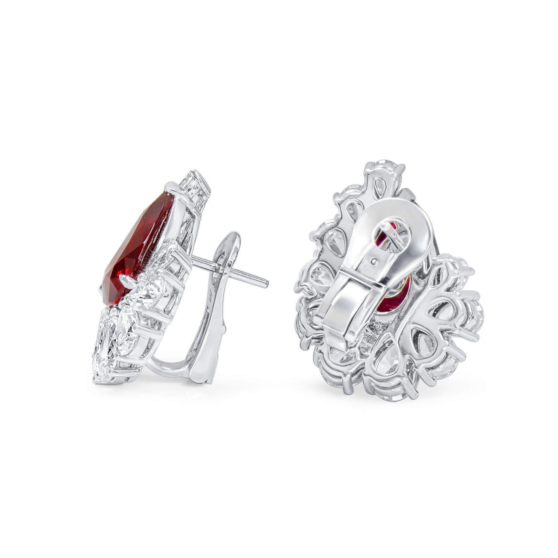 Natural Vivid Red Ruby & Diamond Stud Earrings, 18K White Gold, Pear Shape, 13.13 Ct. TW, unheated