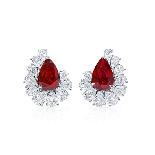 Natural Vivid Red Ruby & Diamond Stud Earrings, 18K White Gold, Pear Shape, 13.13 Ct. TW, unheated