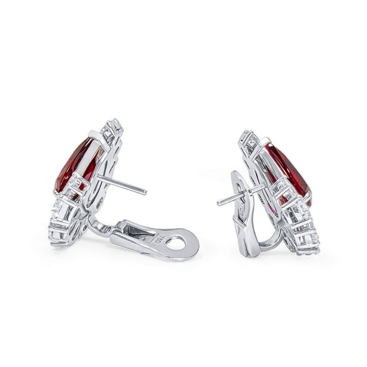 Natural Vivid Red Ruby & Diamond Stud Earrings, 18K White Gold, Pear Shape, 13.13 Ct. TW, unheated