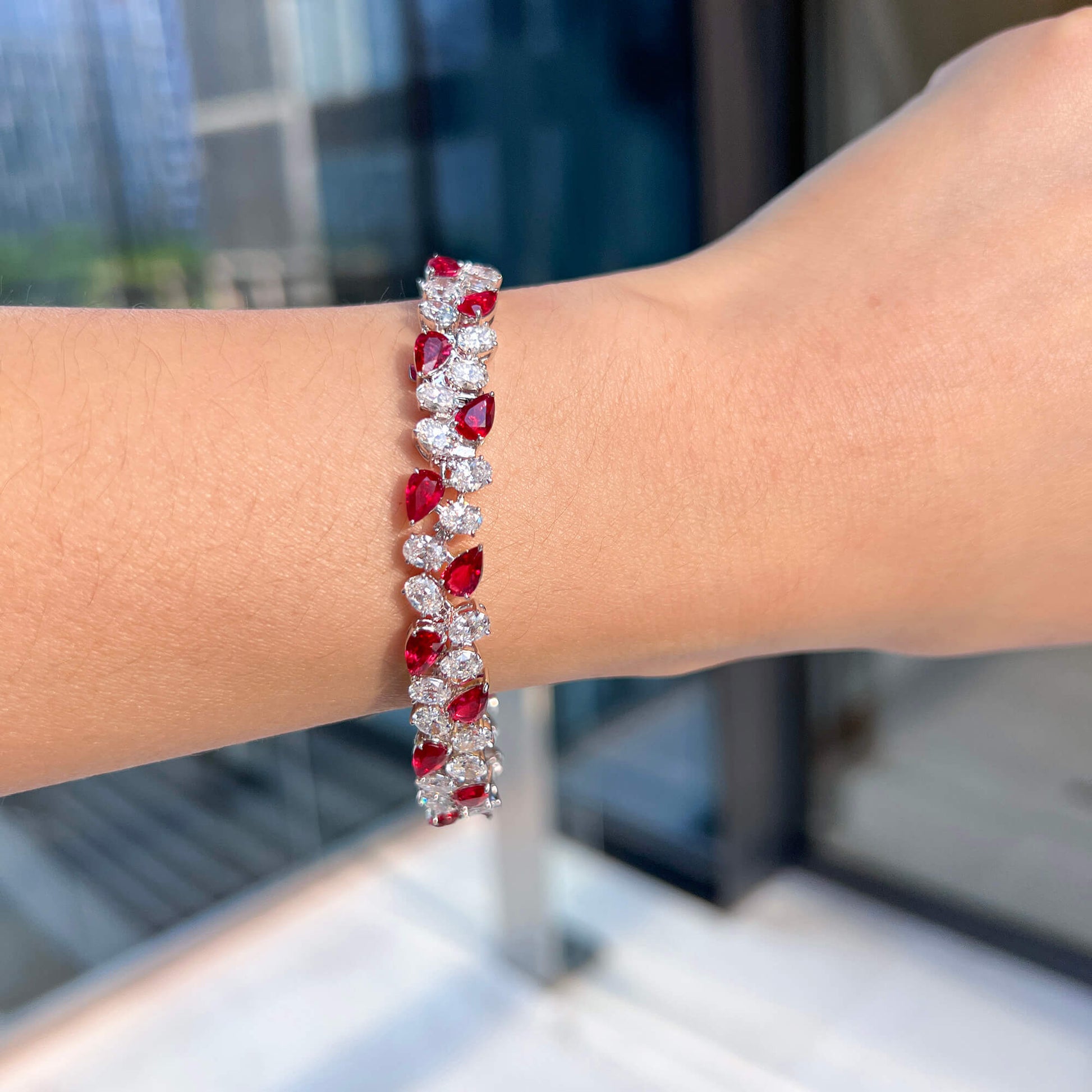 Natural Vivid Red Burmese Ruby and White Diamond Bracelet, 18K White Gold, Pear Shape, 19.57 Ct. TW, unheated