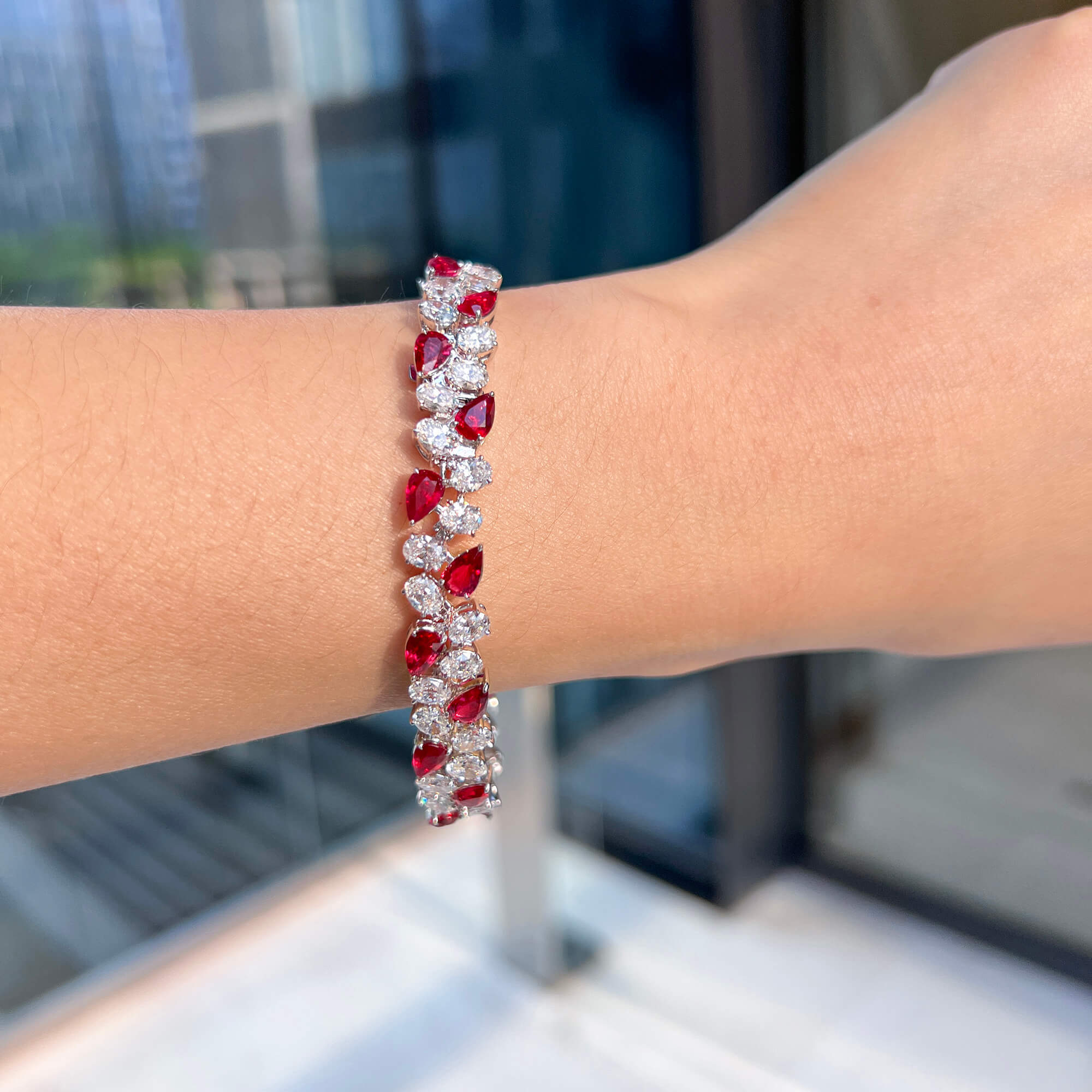 Natural Vivid Red Burmese Ruby and White Diamond Bracelet, 18K