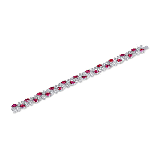 Natural Vivid Red Burmese Ruby and White Diamond Bracelet, 18K White Gold, Pear Shape, 19.57 Ct. TW, unheated