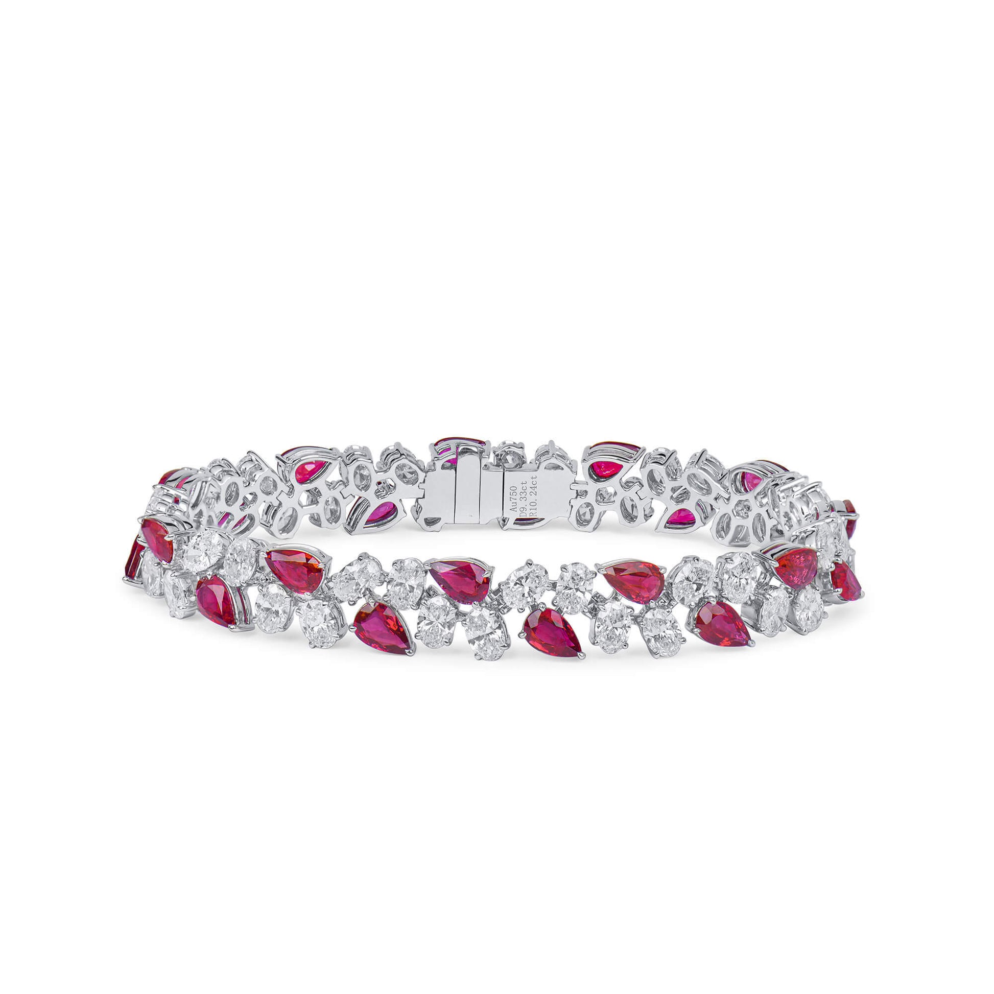 Natural Vivid Red Burmese Ruby and White Diamond Bracelet, 18K White Gold, Pear Shape, 19.57 Ct. TW, unheated