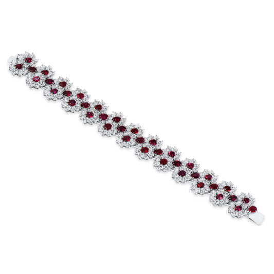 Natural Vivid Red Ruby Bracelet, 18K White Gold, Oval Shape, 39.74 Ct. TW, unheated