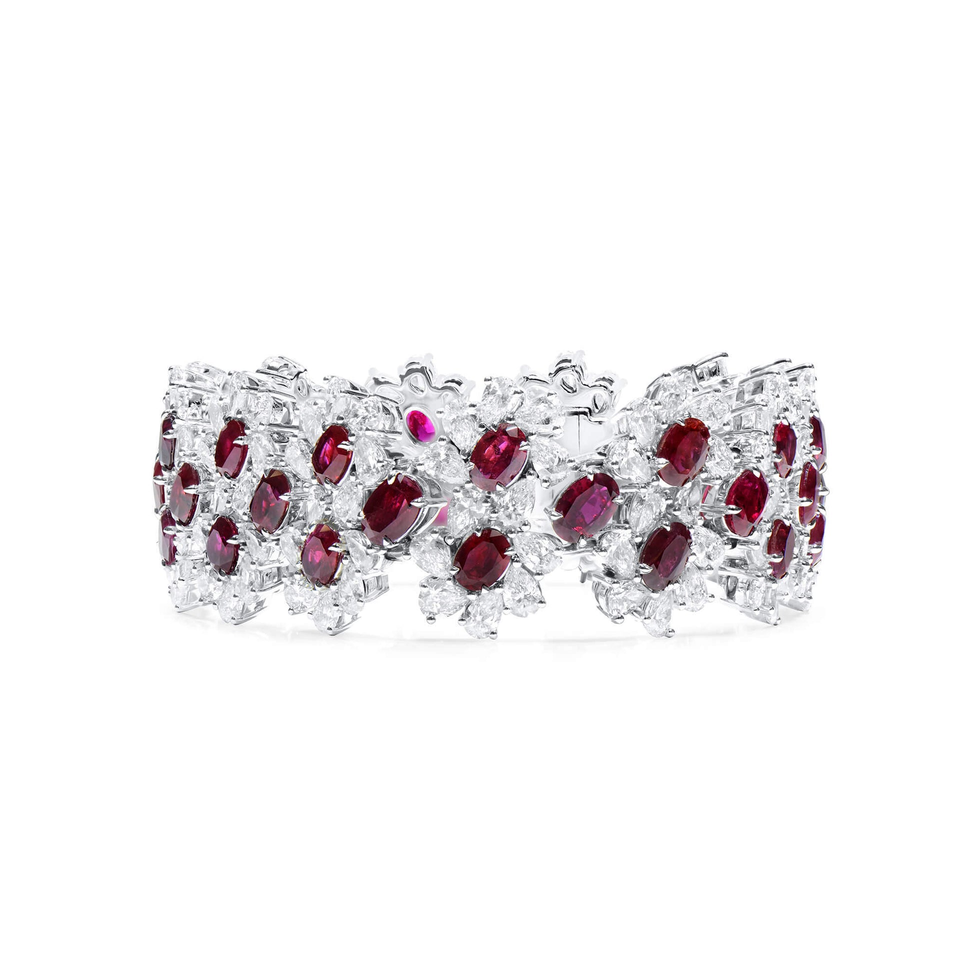 Natural Vivid Red Ruby Bracelet, 18K White Gold, Oval Shape, 39.74 Ct. TW, unheated