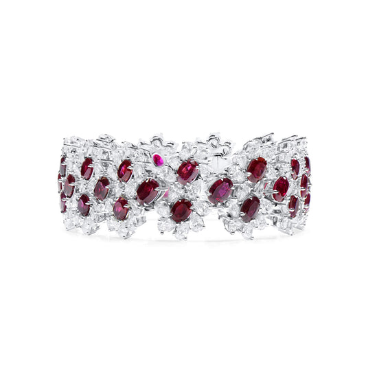 Natural Vivid Red Ruby Bracelet, 18K White Gold, Oval Shape, 39.74 Ct. TW, unheated