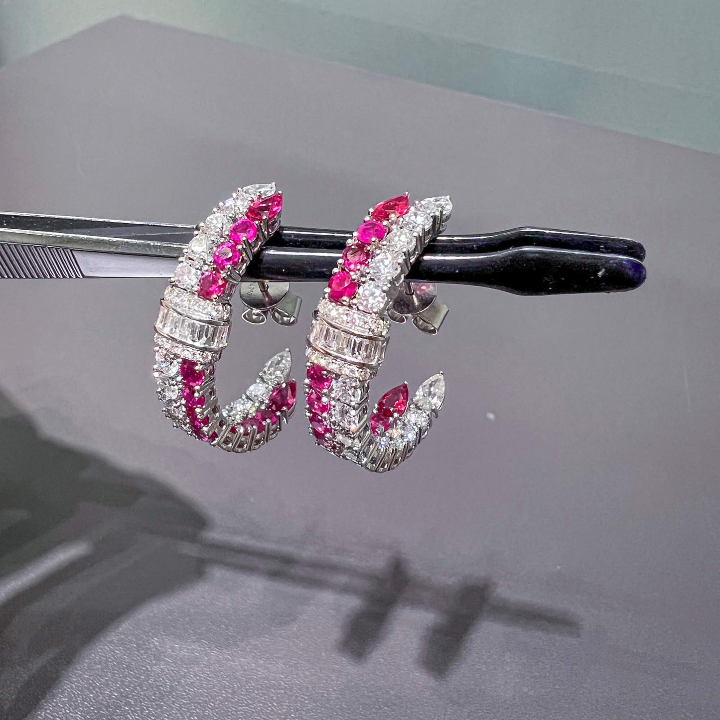 Natural Ruby And Diamond Earrings, 18K White Gold, 6.57 Ct. TW