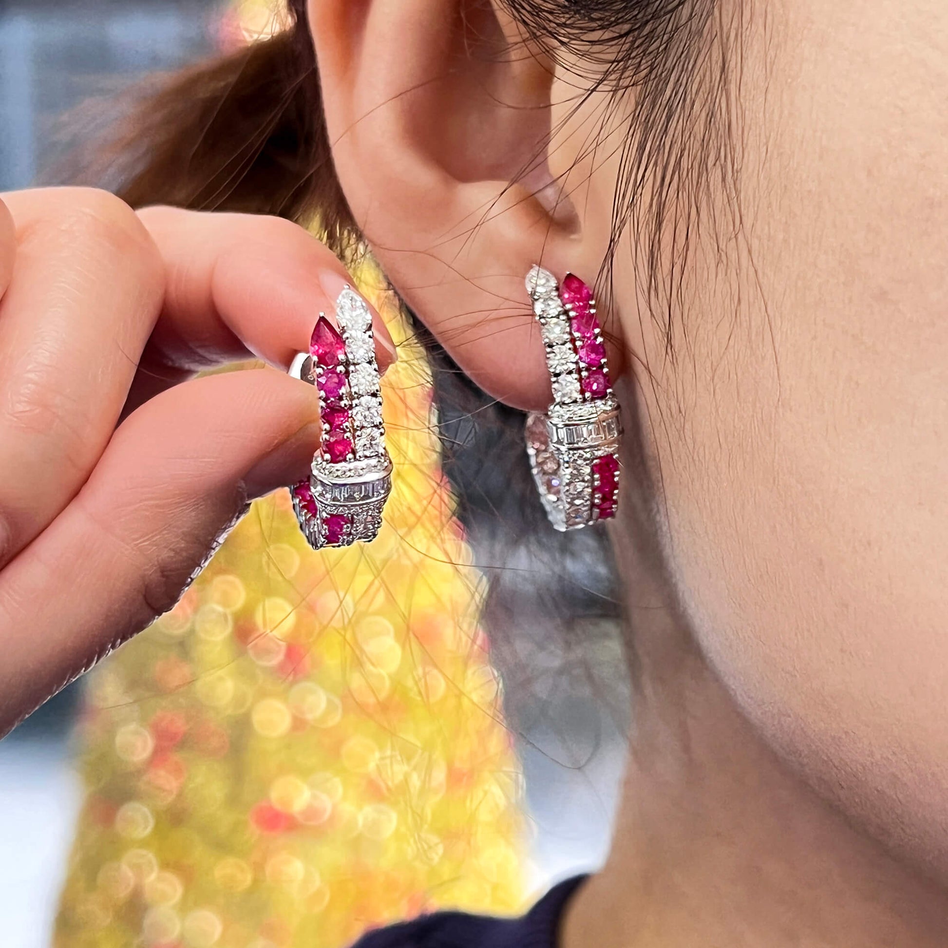 Natural Ruby And Diamond Earrings, 18K White Gold, 6.57 Ct. TW