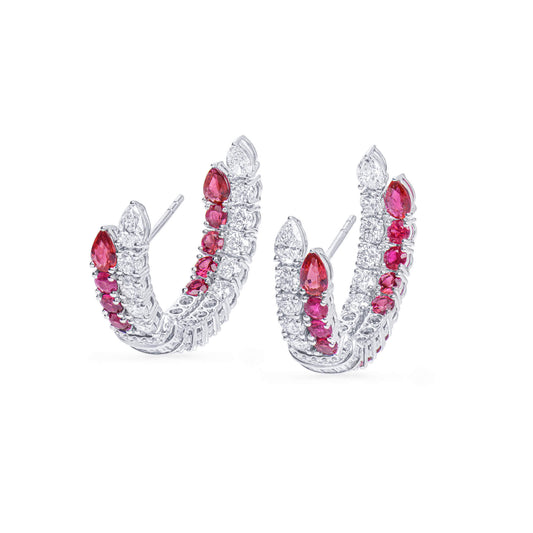Natural Ruby And Diamond Hoop Earrings, 18K White Gold, Round Shape, 6.57 Ct. TW
