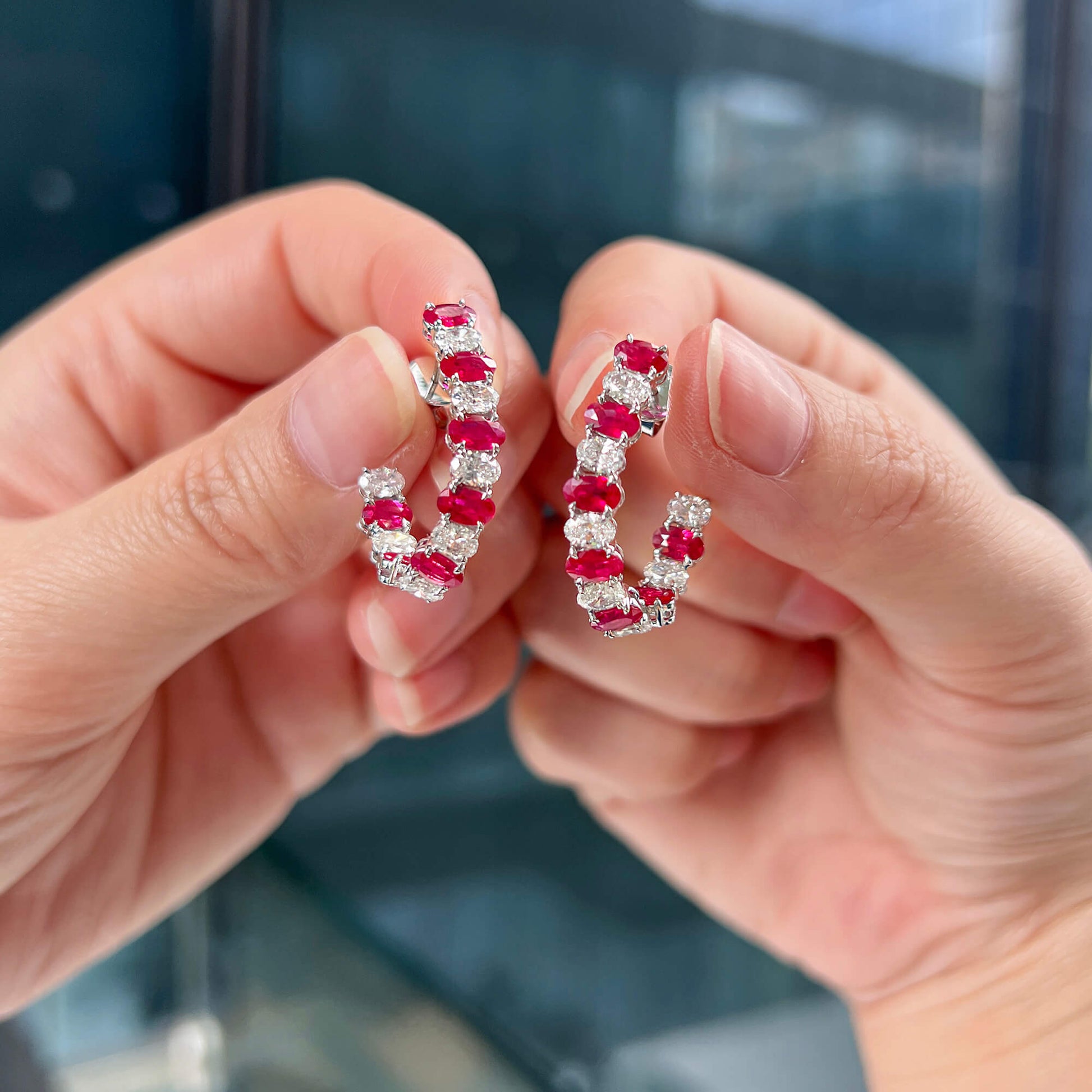 Natural Diamond and Vivid Red Burmese Ruby Hoop Earrings, 18K White Gold, Oval Shape, 5.01 Ct. TW