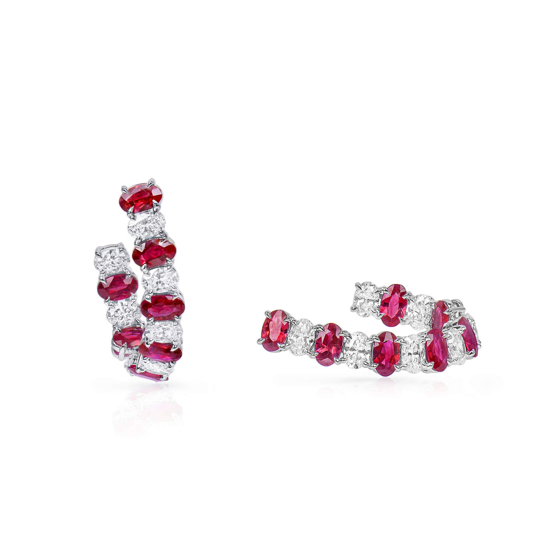 Natural Diamond and Vivid Red Burmese Ruby Hoop Earrings, 18K White Gold, Oval Shape, 5.01 Ct. TW