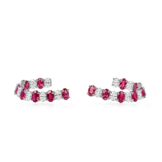 Natural Diamond and Vivid Red Burmese Ruby Hoop Earrings, 18K White Gold, Oval Shape, 5.01 Ct. TW