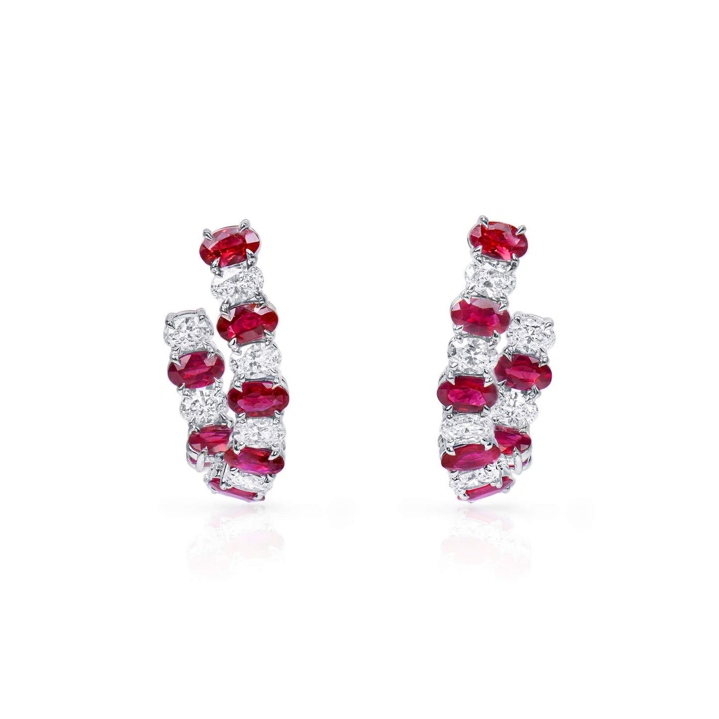 Natural Diamond and Vivid Red Burmese Ruby Hoop Earrings, 18K White Gold, Oval Shape, 5.01 Ct. TW