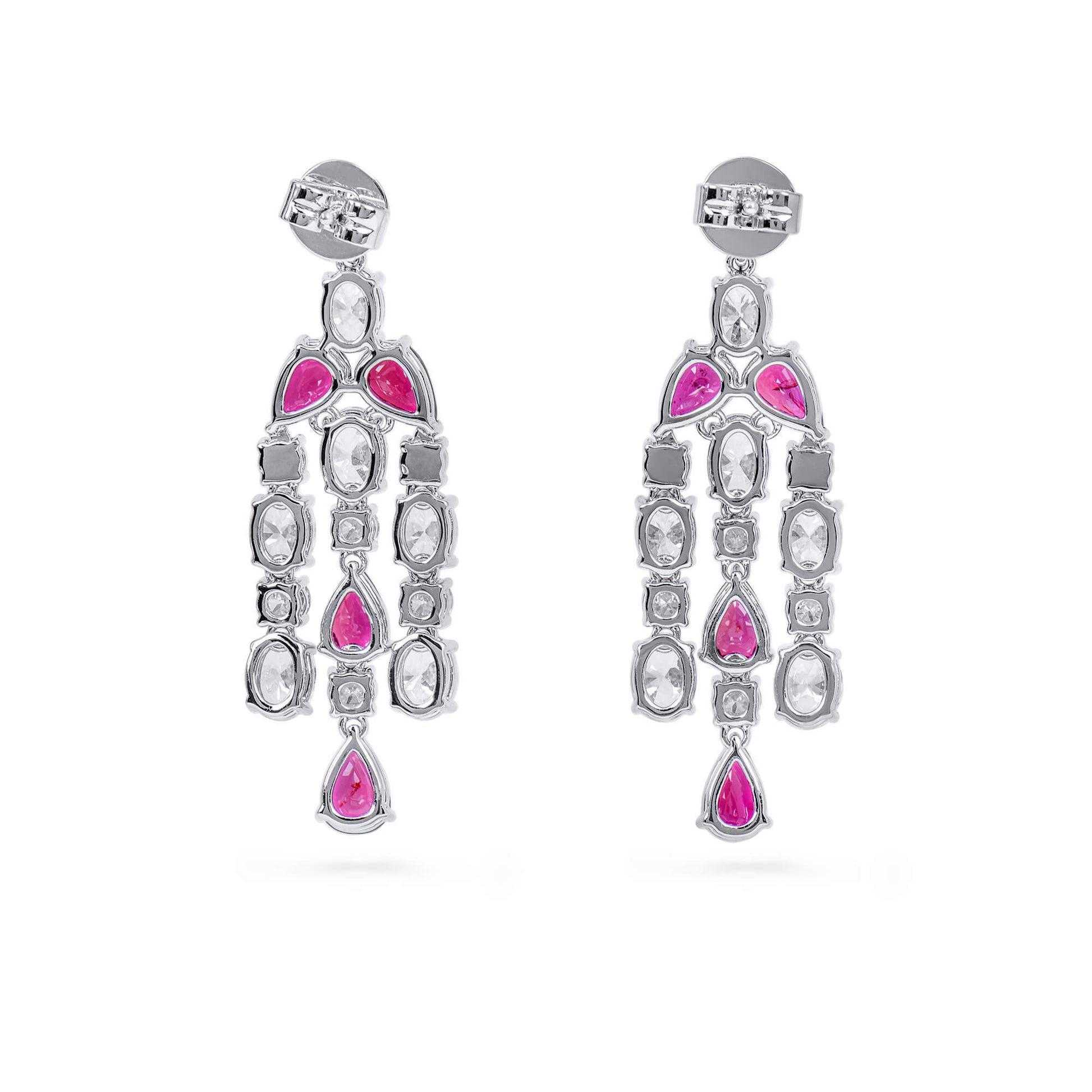 Natural Diamond and Vivid Red Ruby Chandelier Earrings, 18K White Gold, Pear Shape, 9.51 Ct. TW