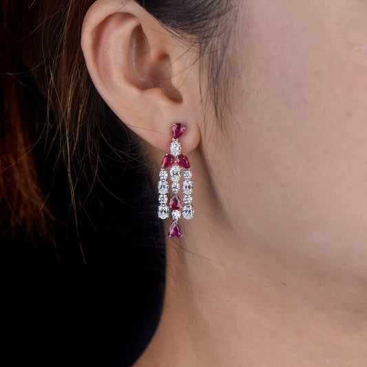 Natural Diamond and Vivid Red Ruby Chandelier Earrings, 18K White Gold, Pear Shape, 9.51 Ct. TW
