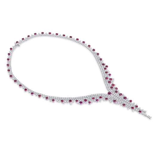 Natural Ruby And Diamond Necklace, 18K White Gold, 31.14 Ct. TW