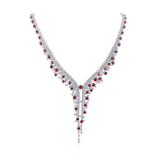 Natural Ruby And Diamond Necklace, 18K White Gold, 31.14 Ct. TW