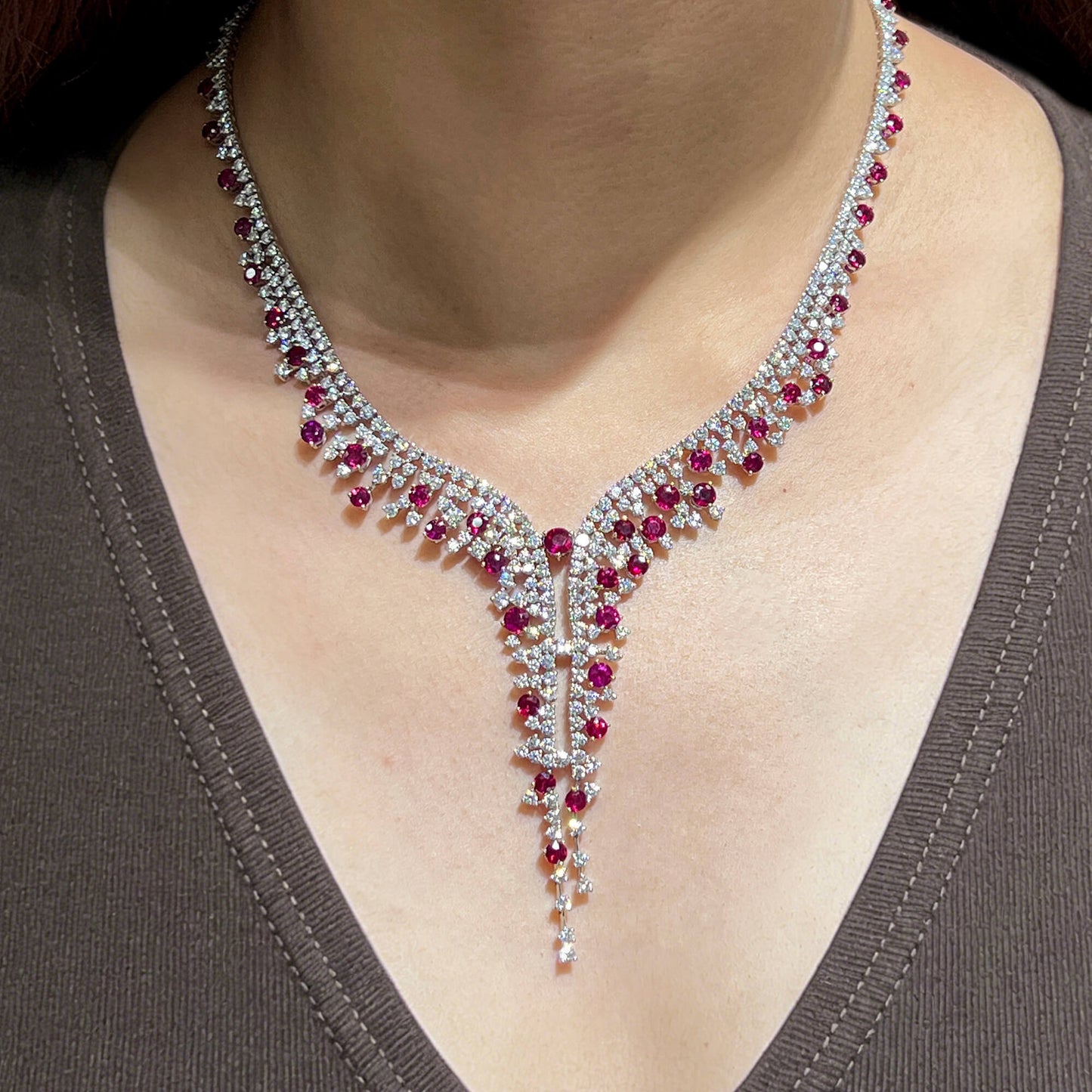 Natural Ruby And Diamond Necklace, 18K White Gold, 31.14 Ct. TW