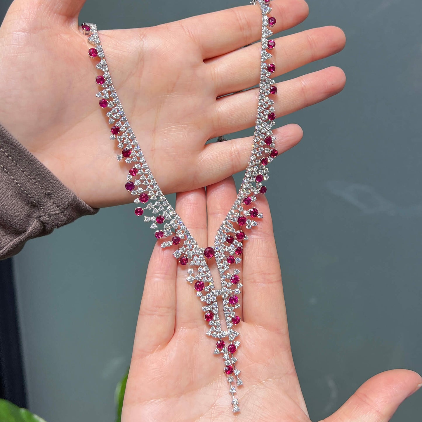 Natural Ruby And Diamond Necklace, 18K White Gold, 31.14 Ct. TW