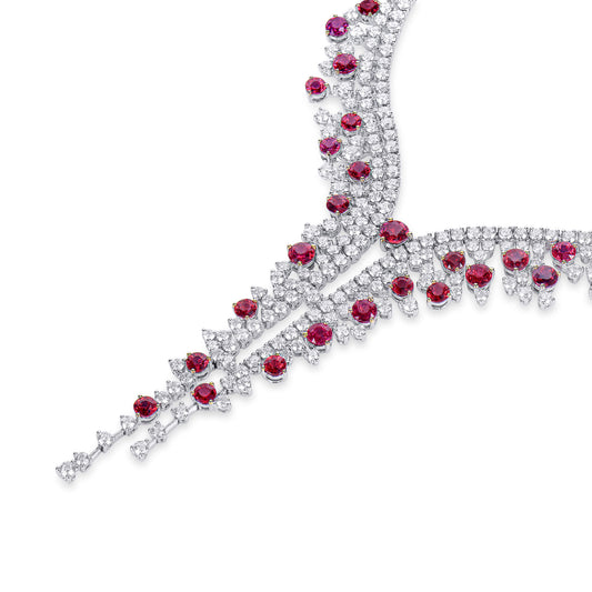 Natural Ruby And Diamond Necklace, 18K White Gold, 31.14 Ct. TW
