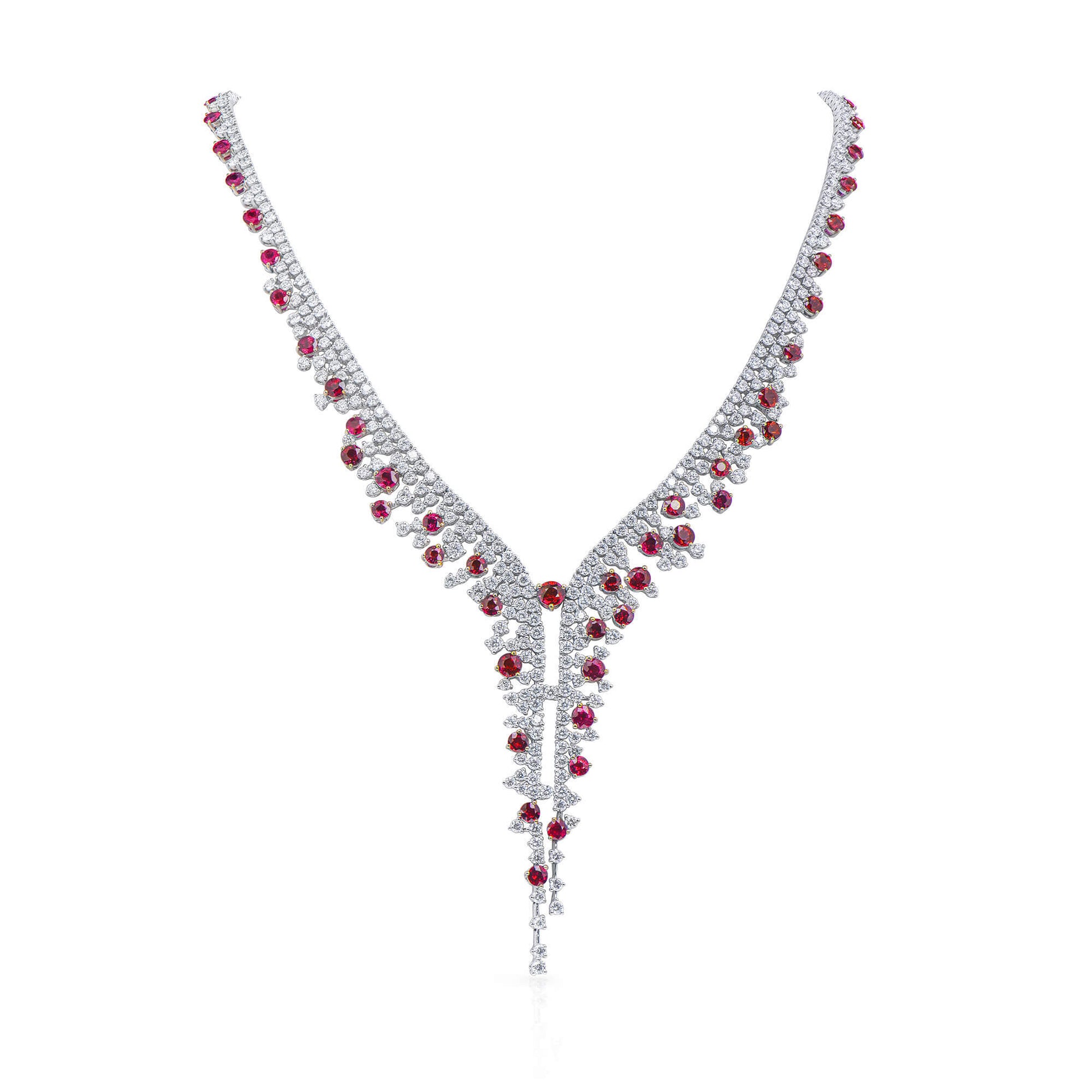 Natural Ruby And Diamond Necklace, 18K White Gold, 31.14 Ct. TW