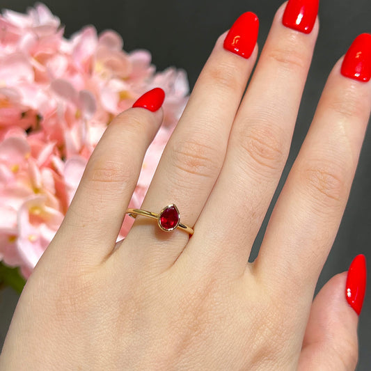 Natural Vivid Red Ruby Solitaire Ring, 18K Yellow Gold, Pear Shape, 0.69 Ct. TW