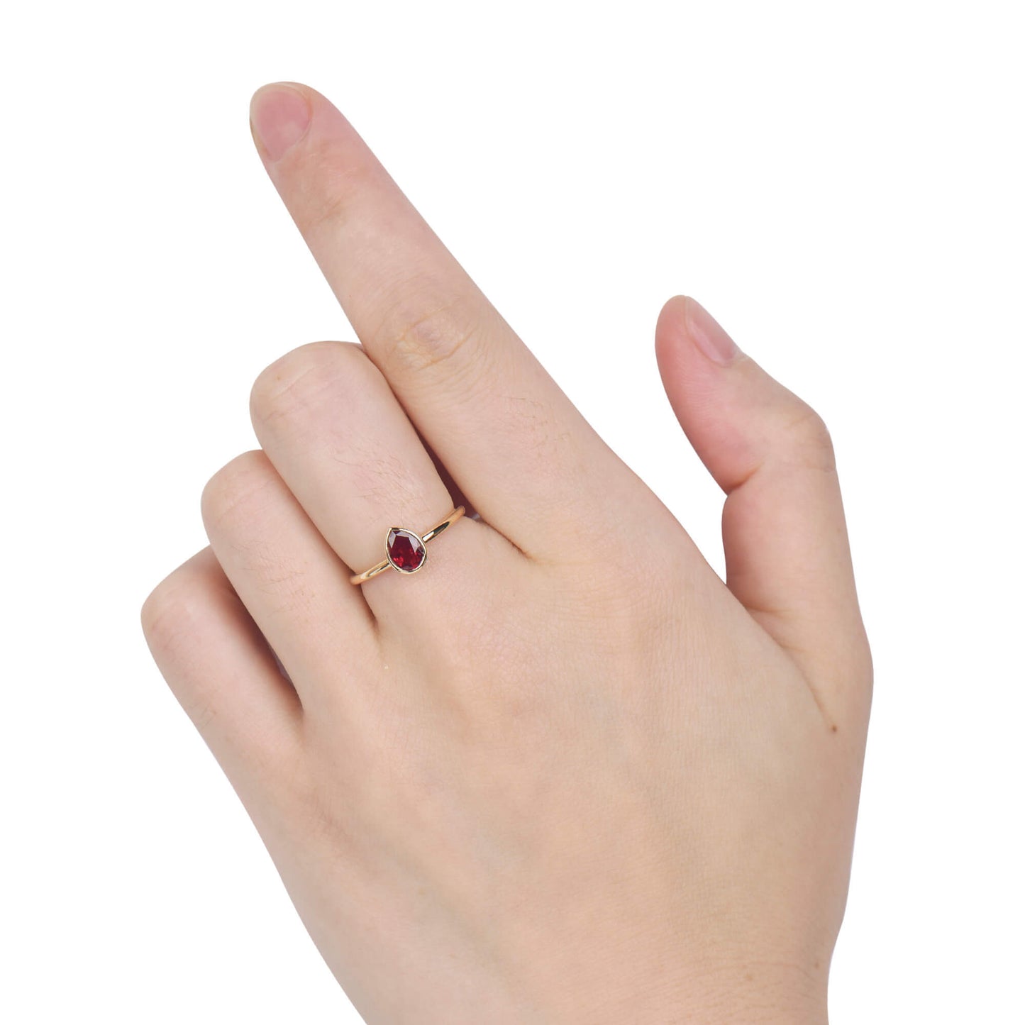 Natural Vivid Red Ruby Solitaire Ring, 18K Yellow Gold, Pear Shape, 0.69 Ct. TW