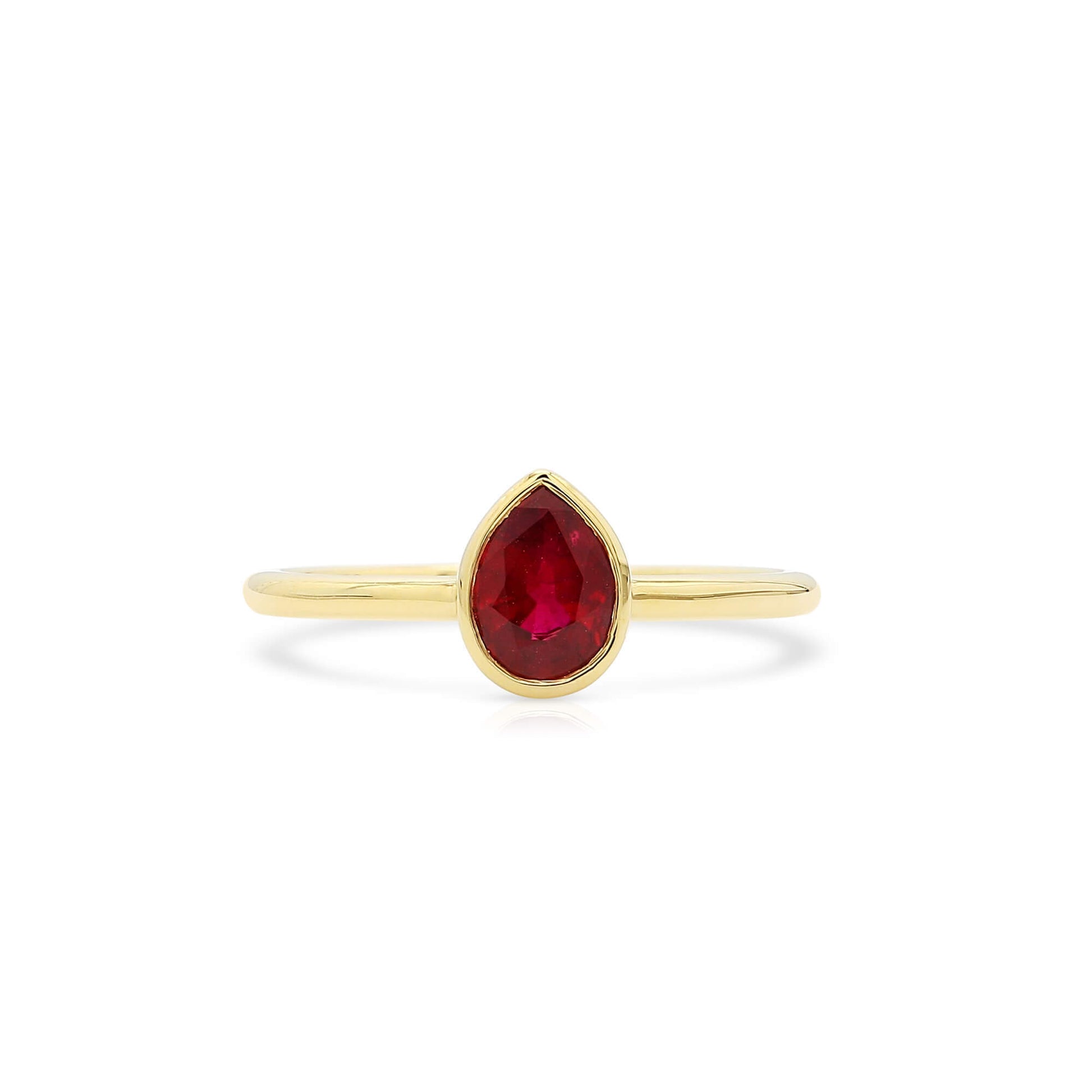 Natural Vivid Red Ruby Solitaire Ring, 18K Yellow Gold, Pear Shape, 0.69 Ct. TW