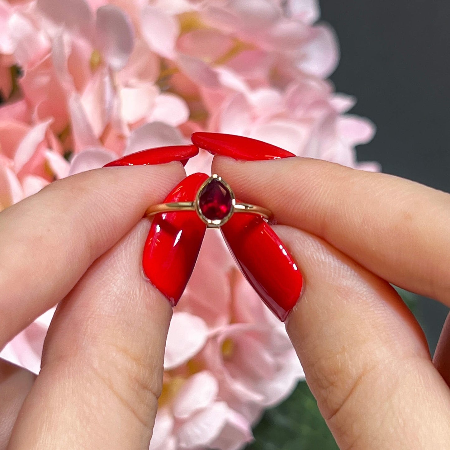 Natural Vivid Red Ruby Solitaire Ring, 18K Yellow Gold, Pear Shape, 0.69 Ct. TW