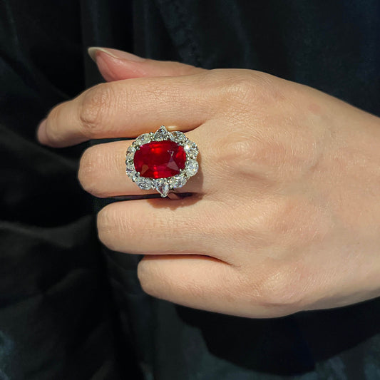 Natural Vivid Red Ruby Halo Ring, 18K White Gold, Oval Shape, 12.67 Ct. TW