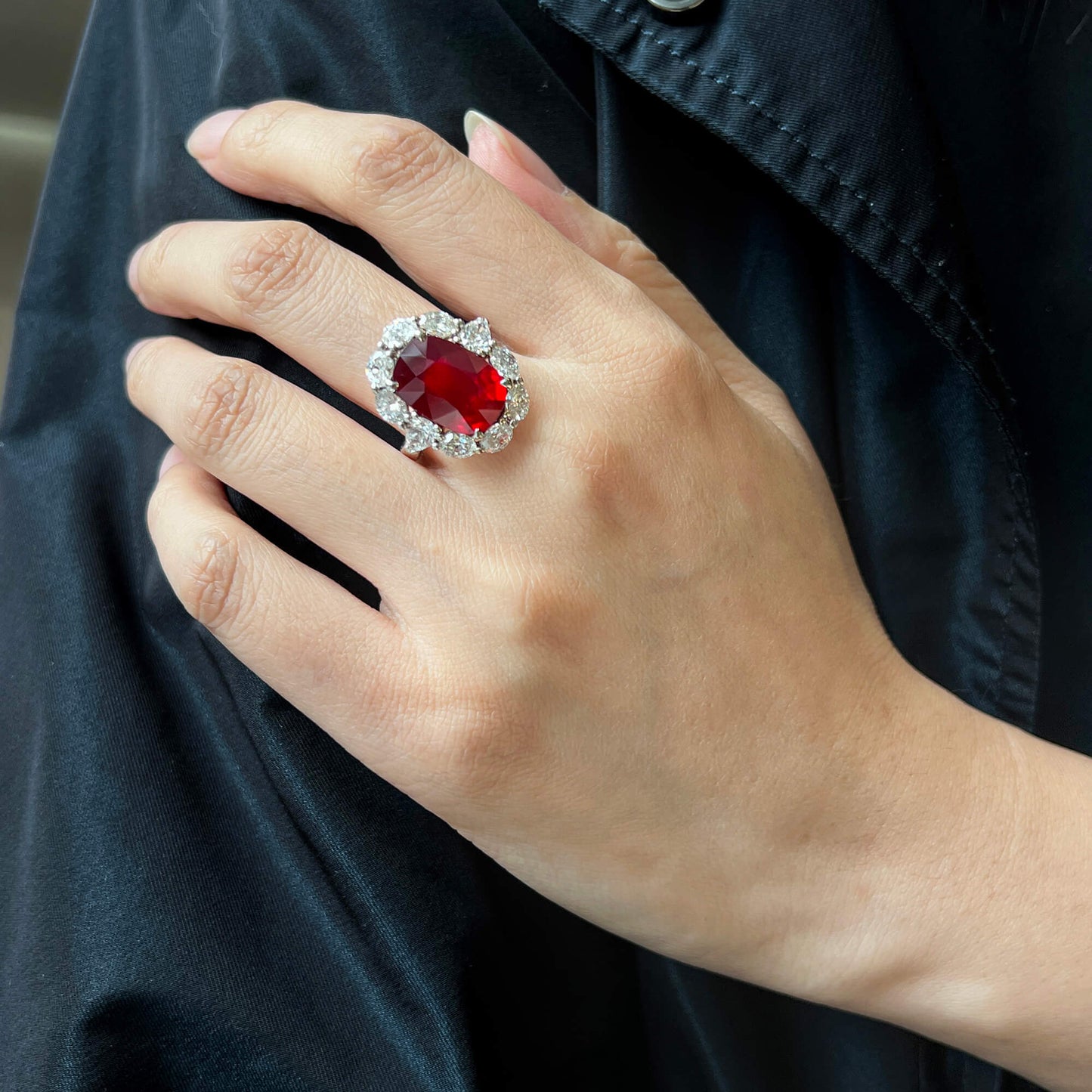 Natural Vivid Red Ruby Halo Ring, 18K White Gold, Oval Shape, 12.67 Ct. TW