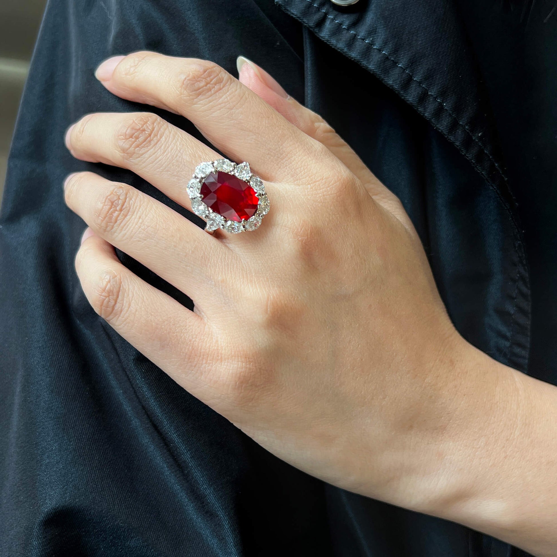 Natural Vivid Red Ruby Halo Ring, 18K White Gold, Oval Shape, 12.67 Ct. TW