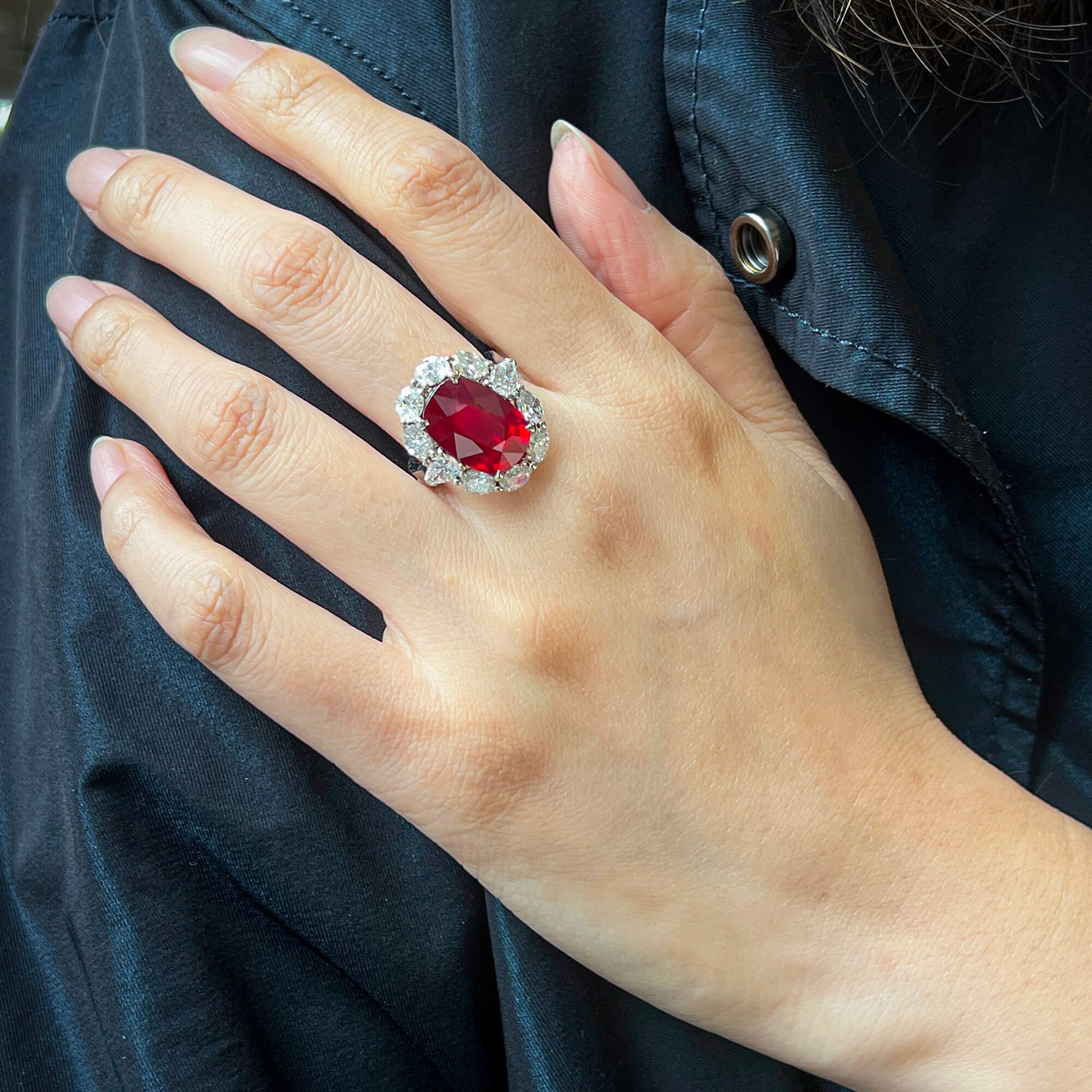 Natural Vivid Red Ruby Halo Ring, 18K White Gold, Oval Shape, 12.67 Ct. TW