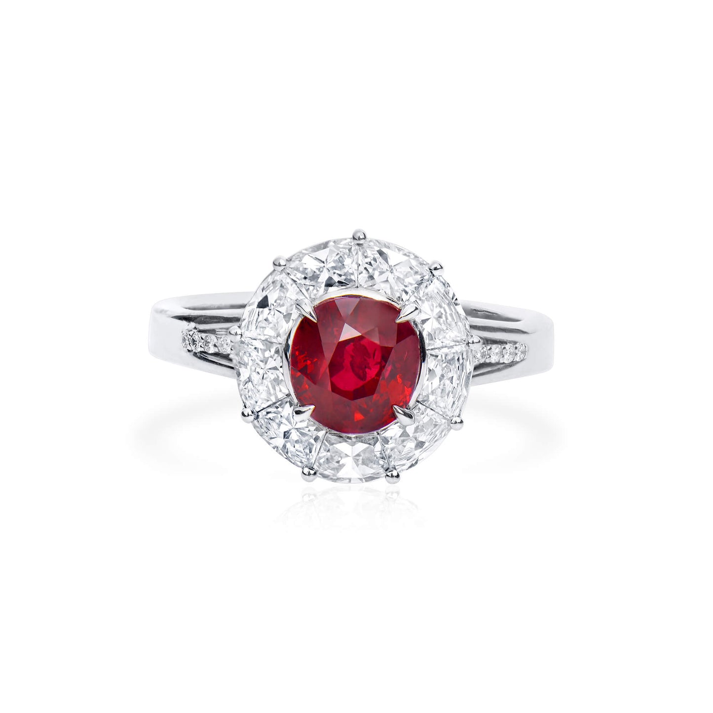 Natural Vivid Red Burmese Ruby Halo Ring, 18K White Gold, Oval Shape, 3.71 Ct. TW, unheated