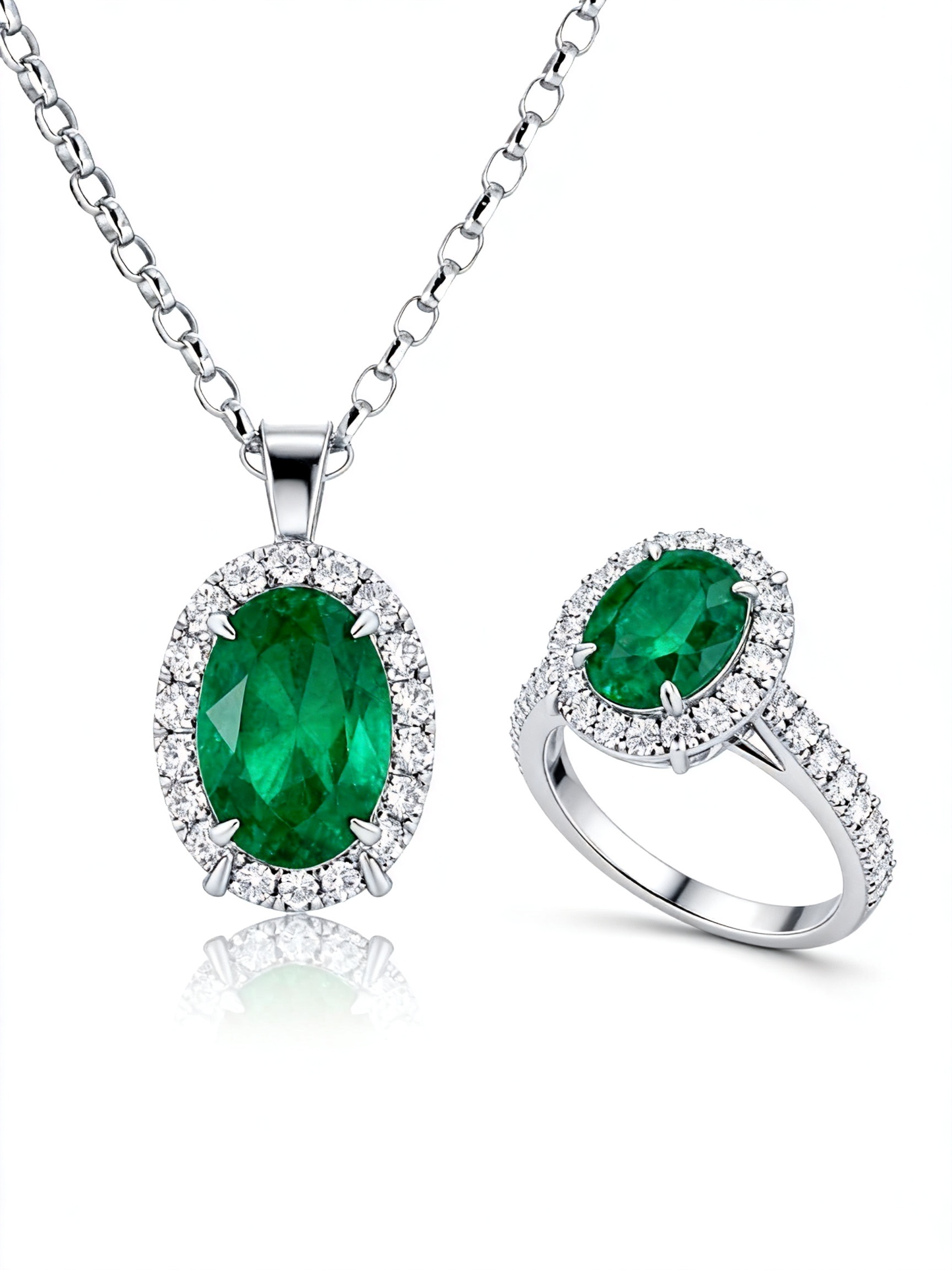 Natural 1.38 Ct. TW Oval-Cut Emerald & Diamond Jewelry Set, 18K White Gold