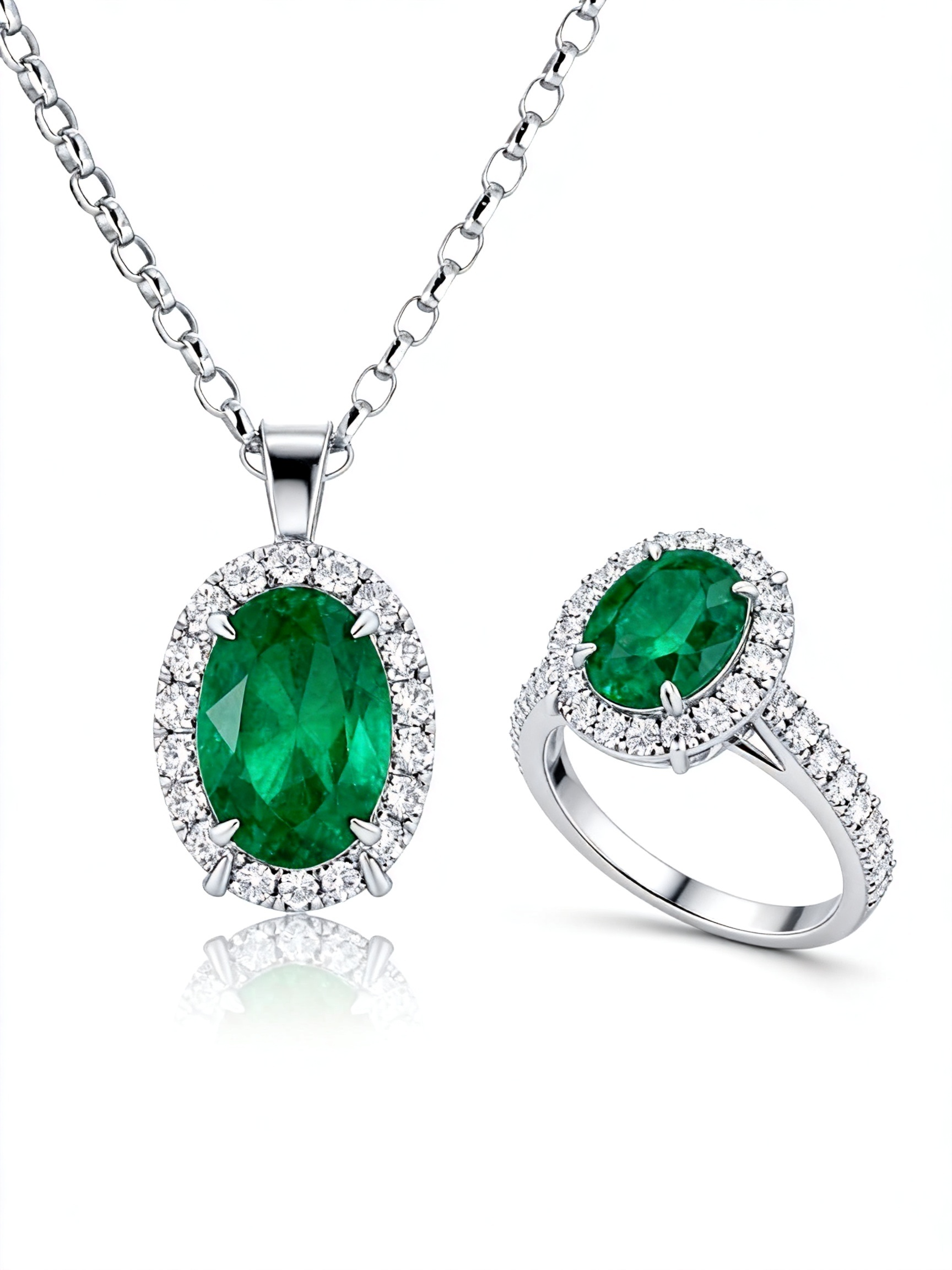 Natural 1.38 Ct. TW Oval-Cut Emerald & Diamond Jewelry Set, 18K White Gold