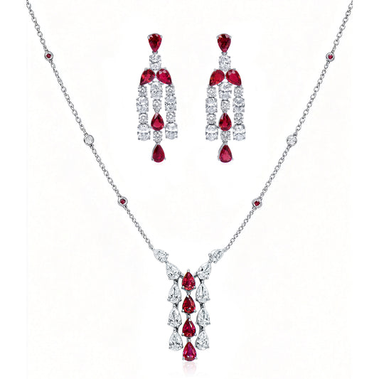 Natural 14.61 Ct. TW Pear-Cut Ruby & Diamond Set, 18K White Gold